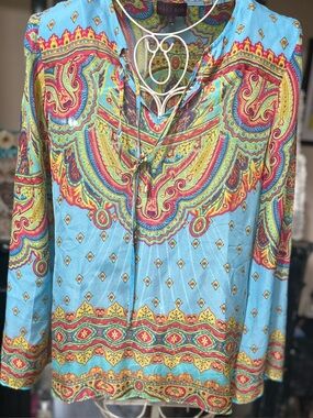 Hale Bob Turquoise Paisley Lace-Up Tunic with Red & Yellow Accents